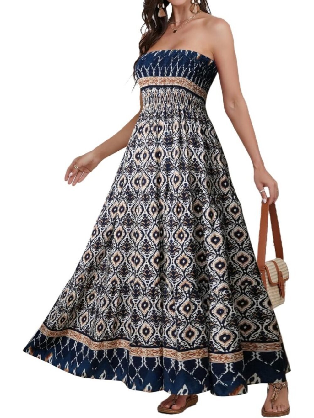 Women's Cubic Blue Strapless A Line Tube Top Backless Casual Sun Maxi Dress